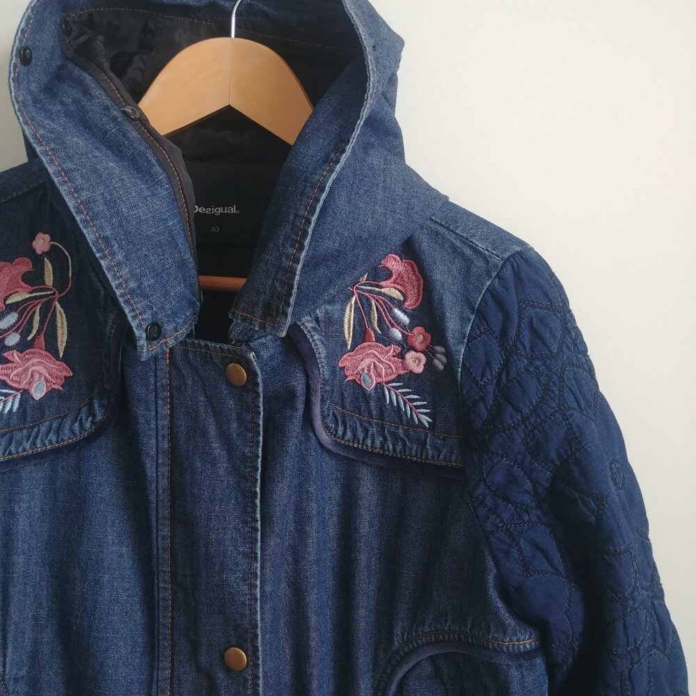 Desigual cotton denim embroidered parka style jacket blue quilted sleeves 10 - Picture 6 of 16